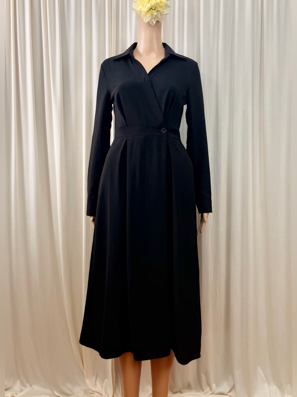 NEW Korean Fashion Black Long-Sleeve Collared Midi Dress Size M-Semi Large